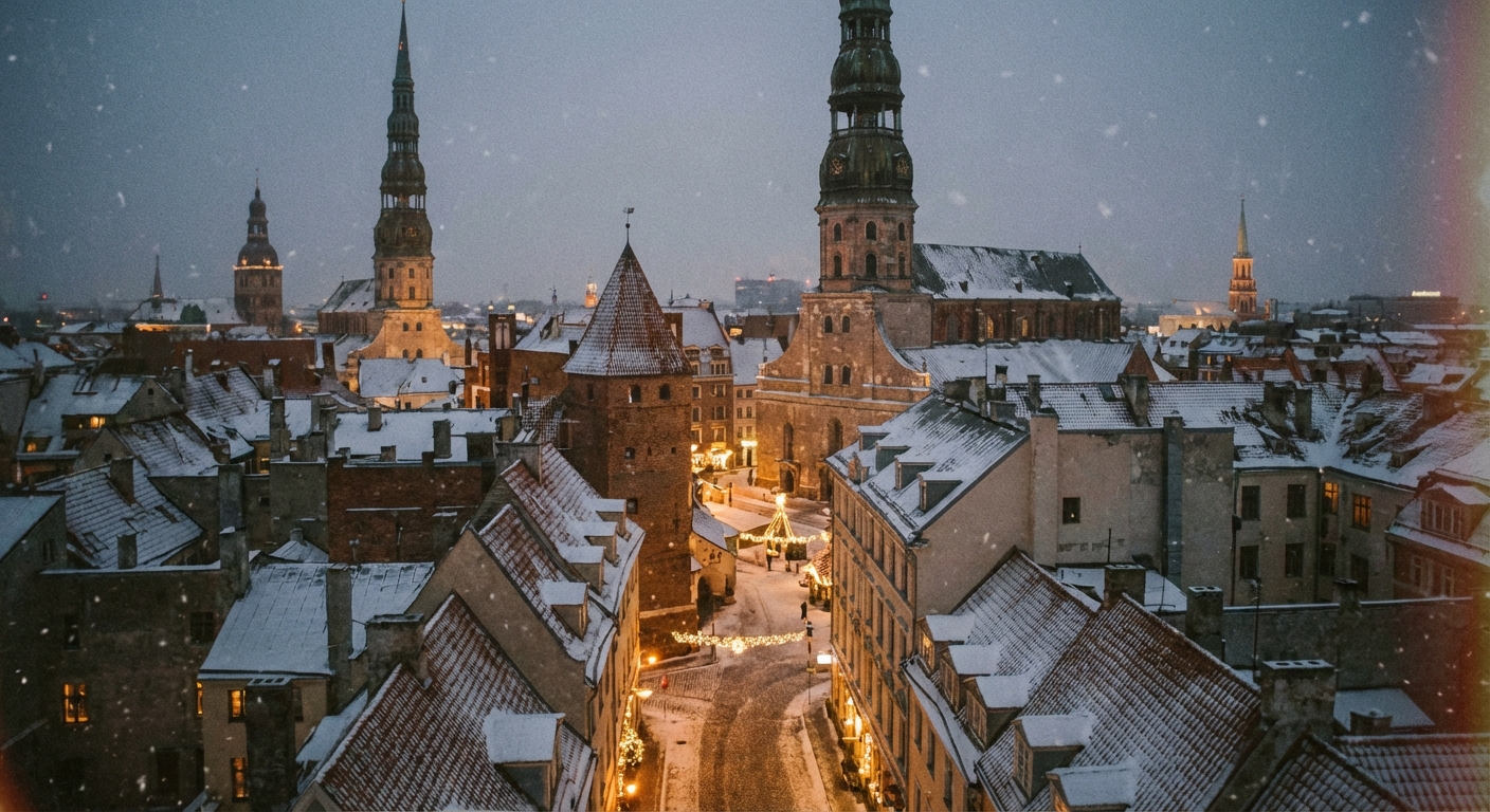Zasnežené historické centrum Rigy a vianočné trhy s osvetlením počas zimy